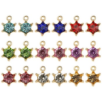 20Pcs 9 Color Alloy Rhinestone Pendants, Crown Charms, Golden, Mixed Color, 15.5x11x7mm, Hole: 1.8mm