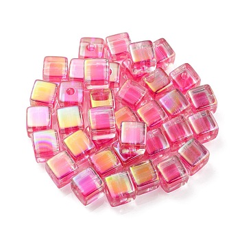 UV Plating Transparent Acrylic European Beads, Large Hole Beads, Cube, Deep Pink, 13.5x13.5x13.5mm, Hole: 4mm