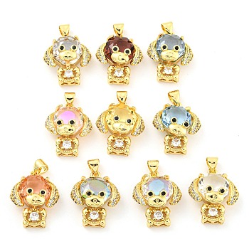 Rack Plating Brass Micro Pave Clear Cubic Zirconia Pendants, with Glass, Long-Lasting Plated, Cadmium Free & Lead Free, Dog Charms, Mixed Color, 20.5x16.5x8mm, Hole: 4x3.5mm