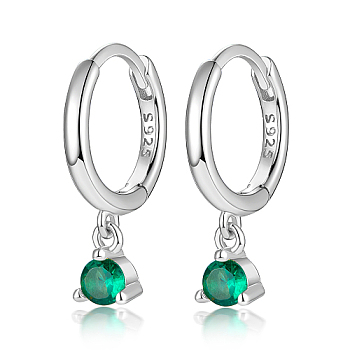 Rhodium Plated Platinum 925 Sterling Silver Hoop Earrings, with Cubic Zirconia Diamond Charms, with S925 Stamp, Green, 17mm