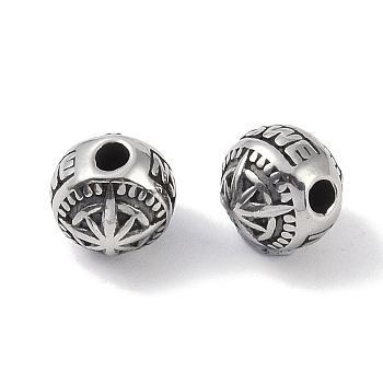 316 Surgical Stainless Steel Beads, Flat Round with Compass, Antique Silver, 8x8x8.5mm, Hole: 2mm