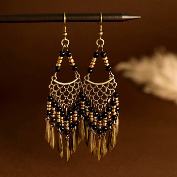 Vintage Bohemian Tassel Alloy & Resin Beaded Chandelier Earrings, Antique Bronze, 100x35mm
