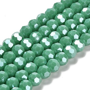 Electroplate Opaque Glass Beads Strands, Faceted(32 Facets), Pearl Luster Plated, Round, Medium Sea Green, 8mm, Hole: 1mm, about 66~69pcs/strand, 19.29~19.57 inch(49~49.7cm)