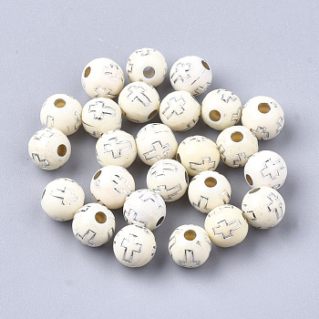Plating Acrylic Beads, Silver Metal Enlaced, Round with Cross, Beige, 8mm, Hole: 2mm, about 1800pcs/500g