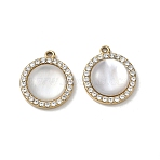 Natural Freshwater Shell Pendants, Flat Round Charm with 304 Stainless Steel Findings & Rhinestone, Ion Plating(IP), Long-Lasting Plated, 18.5x16.5x5mm, Hole: 1.4mm(SA-CBA11D7-19A-G)