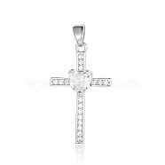 Brass Micro Pave Clear Cubic Zirconia Pendants, Cross with Heart Charms, Platinum, 27x16x4.9mm(ZIRC-OY007-01P)