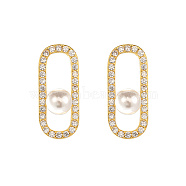 Oval Brass Micro Pave Clear Cubic Zirconia Stud Earrings for Women, with Imitation Pearl, Golden(HE5046)