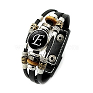 Braided Bead Bracelets, Leather Cord Multi-Strand Bracelets, Glass Letter Bracelet, Letter E, 8-1/8 inch(20.5cm)(PW-WG92905-08)