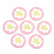 Acrylic Pendants, 3D Printed, Flat Round with Flower Pattern, Pink, 38.5x40x2mm, Hole: 1.6mm(KY-S163-236)