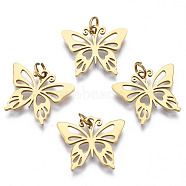 316 Surgical Stainless Steel Charms, with Jump Rings, Butterfly, Real 14K Gold Plated, 12x15x1mm, Hole: 2mm, Jump Ring: 4x0.5mm, 2mm inner diameter(STAS-N097-011)