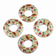 Fruit Seris Printed Wood Pendants, Donut with Papaya Pattern, Pale Turquoise, 45x5mm, Hole: 1.6mm(WOOD-S045-105E)