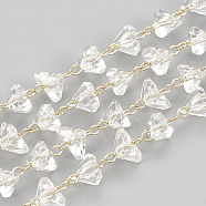 Handmade Glass Beaded Chains, Soldered, with Brass Findings, Faceted, Triangle, Clear, Real 18K Gold Plated, 6.5mm(CHC-S004-04G)