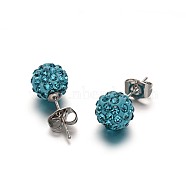Polymer Clay Rhinestone Ball Stud Earrings, with Stainless Steel Stud Earring Findings, Stainless Steel Color, Aquamarine, 10mm, Pin: 0.8mm(EJEW-F0083-01O)
