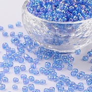 Round Glass Seed Beads, Transparent Colours Rainbow, Round, Cornflower Blue, 4mm(SEED-A007-4mm-166)