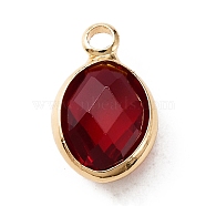 Faceted Glass Pendants, January Birthstone Charms, with Brass Cabochon Settings, Oval, Golden, Dark Red, 13x8x4mm, Hole: 1.6mm(KK-WH0046-59G-01)