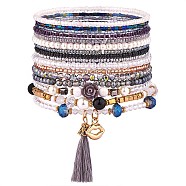 11Pcs Boho Seed Beads Stretch Bracelets Set, Multilayered Stackable Bracelets, Colorful Tassel Charm Bracelets for Women, Black, Inner Diameter: 1-3/4~2-1/8 inch(4.5~5.5cm)(JB739A)