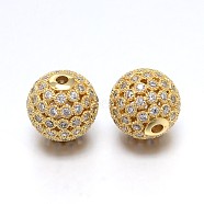 Brass Micro Pave Cubic Zirconia Round Beads, Lead Free & Cadmium Free & Nickel Free, Clear, Real 18K Gold Plated, 12mm, Hole: 2mm(ZIRC-M069-16A-NR)