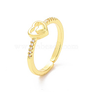 Clear Cubic Zirconia Double Heart Open Cuff Ring, Brass Jewelry for Women, Golden, Inner Diameter: 17.2mm(RJEW-H127-30G)