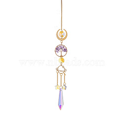 Glass Cone Pendant Decoration, Hanging Suncatchers, with Tree of Life Natural Amethyst Chip amd Metal Moon Link for Home Garden Decoration, 400mm(WG33785-05)