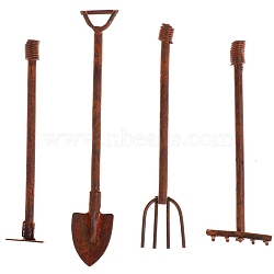 Iron Shovels Pitchfork Gardening Tool Set, Micro Landscape Garden Dollhouse Accessories, Saddle Brown, 50~64mm, 4pcs/set(PW-WG38828-01)