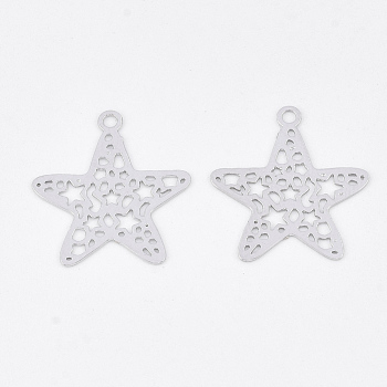 Brass Pendants, Etched Metal Embellishments, Long-Lasting Plated, Star, Platinum, 17.5x16x0.3mm, Hole: 1.2mm