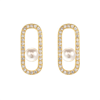 Oval Brass Micro Pave Clear Cubic Zirconia Stud Earrings for Women, with Imitation Pearl, Golden