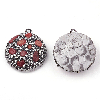 Polymer Clay Rhinestone Pendants, with Gemstone Chip and PU Leather, Half Round, FireBrick, 26x23x8mm, Hole: 1.5mm
