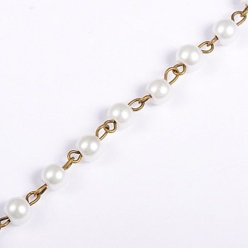 Handmade Round Glass Pearl Beads Chains for Necklaces Bracelets Making, with Antique Bronze Iron Eye Pin, Unwelded, White, 39.3 inch, Bead: 6mm