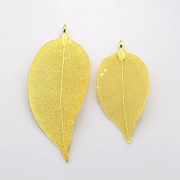 Natural Leaf Plating Brass Large Pendants, Golden, 50~95x20~60x0.6mm, Hole: 3.5mm