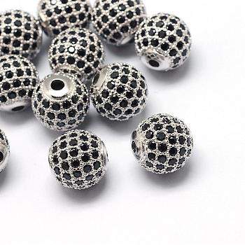 Rack Plating Brass Cubic Zirconia Beads, Long-Lasting Plated, Round, Platinum, 9.5~10x9~9.5mm, Hole: 2mm