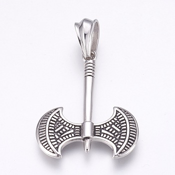 304 Stainless Steel Pendants, Axe, Antique Silver, 46x36.5x4mm, Hole: 7x12mm