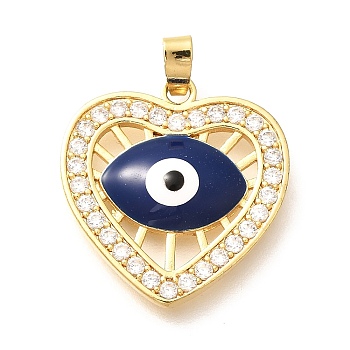 Brass Micro Pave Clear Cubic Zirconia Pendents, Heart Charms, with Enamel, Real 18K Gold Plated, Rack Plating, Lead Free & Cadmium Free, Evil Eye, 21x20x3.5mm, Hole: 4.5x2.5mm