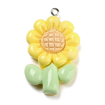 Opaque Resin Pendants, Flower Charms, with Platinum Tone Iron Loops, Yellow, 39x24x7mm, Hole: 1.5mm