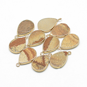 Natural Picture Jasper Pendants, with Iron Findings, teardrop, Golden, 22~23x13~14x3~4mm, Hole: 2mm