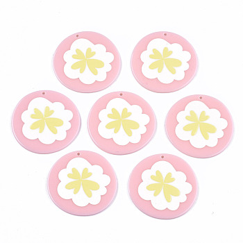 Acrylic Pendants, 3D Printed, Flat Round with Flower Pattern, Pink, 38.5x40x2mm, Hole: 1.6mm