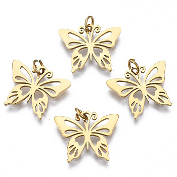 316 Surgical Stainless Steel Charms, with Jump Rings, Butterfly, Real 14K Gold Plated, 12x15x1mm, Hole: 2mm, Jump Ring: 4x0.5mm, 2mm inner diameter