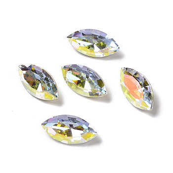 Light AB Style Glass Rhinestone Cabochons, Pointed Back & Back Plated, Faceted, Horse Eye, Light Crystal AB, 18x9x5.8mm