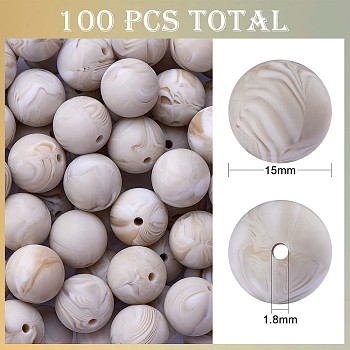 100Pcs Silicone Beads Round Rubber Bead 15MM Loose Spacer Beads for DIY Supplies Jewelry Keychain Making, Silver, 15mm