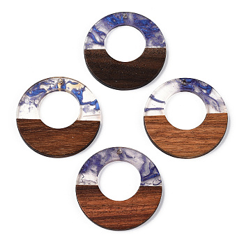 Transparent Resin & Walnut Wood Pendants, Donut Charms, Slate Blue, 38x3.5mm, Hole: 2mm