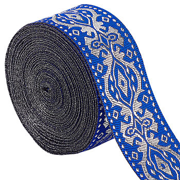 Ethnic Style Polyester Silk Grosgrain Ribbon, Double-Face, Floral Pattern, Blue, 1/8 inch(3.3mm), about 7.66 Yards(7m)/Bag