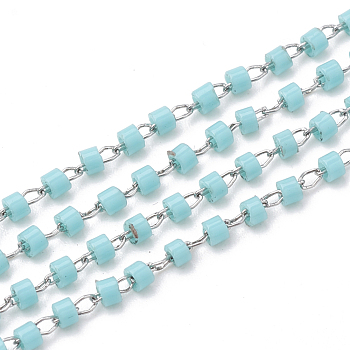 TOHO Japan Import Seed Beads, Handmade Glass Beaded Chains, Soldered, with Spool, with Stainless Steel Findings, Column, Stainless Steel Color, Sky Blue, 2mm, about 26.24 Feet(8m)/strand