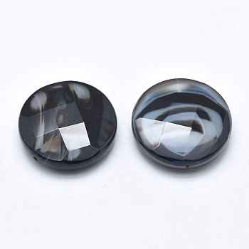 Natural Black Agate Beads, Faceted, Dyed & Heated, Flat Round, 41~44x13~14mm, Hole: 2mm
