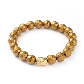 Unisex Stretch Bracelets, with Faceted Non-Magnetic Synthetic Hematite Round Beads and Real 18K Gold Plated Alloy Beads, Buddha Head, Golden, 2-1/4 inch(5.7cm)