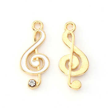 Alloy Enamel Pendants, with Crystal Rhinestone, Musical Note, Light Gold, White, 22x10x2mm, Hole: 1.6mm