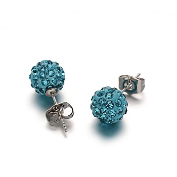 Polymer Clay Rhinestone Ball Stud Earrings, with Stainless Steel Stud Earring Findings, Stainless Steel Color, Aquamarine, 10mm, Pin: 0.8mm