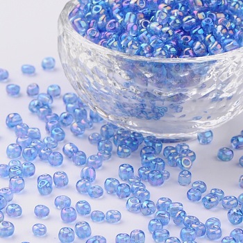 Round Glass Seed Beads, Transparent Colours Rainbow, Round, Cornflower Blue, 4mm