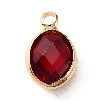 Faceted Glass Pendants, January Birthstone Charms, with Brass Cabochon Settings, Oval, Golden, Dark Red, 13x8x4mm, Hole: 1.6mm