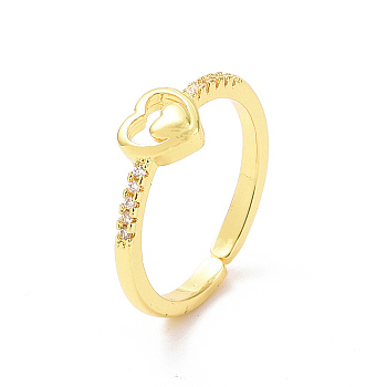 Clear Cubic Zirconia Double Heart Open Cuff Ring, Brass Jewelry for Women, Golden, Inner Diameter: 17.2mm