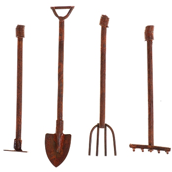 Iron Shovels Pitchfork Gardening Tool Set, Micro Landscape Garden Dollhouse Accessories, Saddle Brown, 50~64mm, 4pcs/set