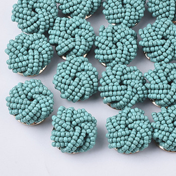 Glass Seed Beads Cabochons, Cluster Beads, with Golden Plated Iron Perforated Disc Settings, Flower, Dark Cyan, 19~20x10~12mm